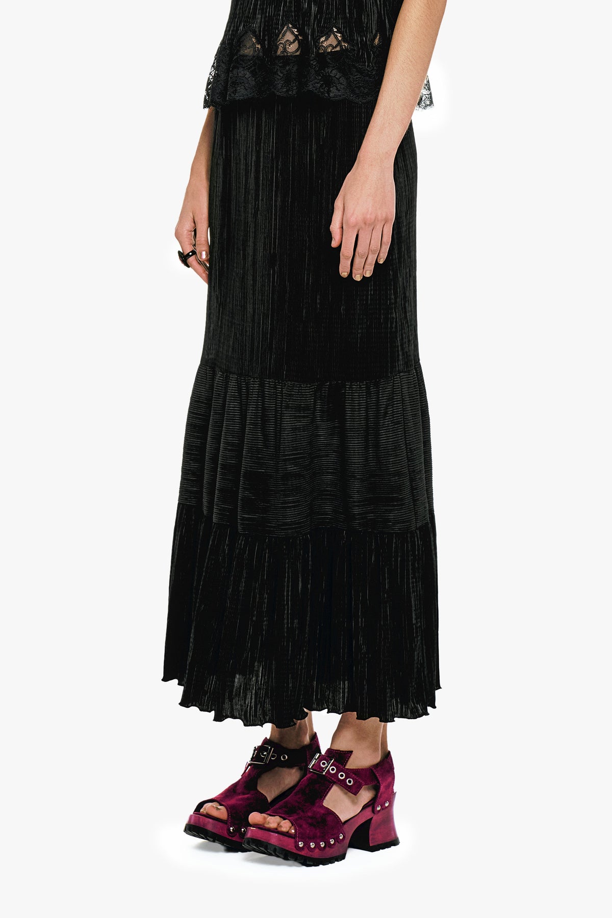 Plissé Tiered Maxi Skirt - Black | Anna Sui