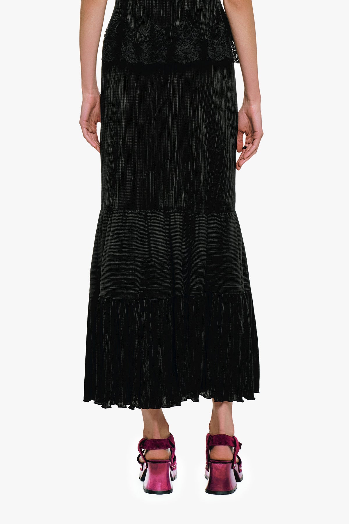 Plissé Tiered Maxi Skirt - Black | Anna Sui