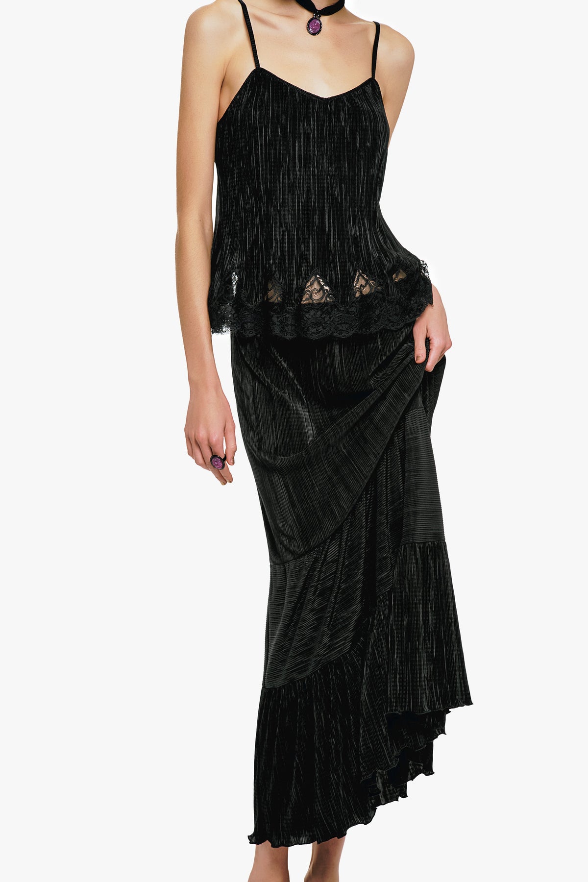 Plissé Tiered Maxi Skirt - Black | Anna Sui