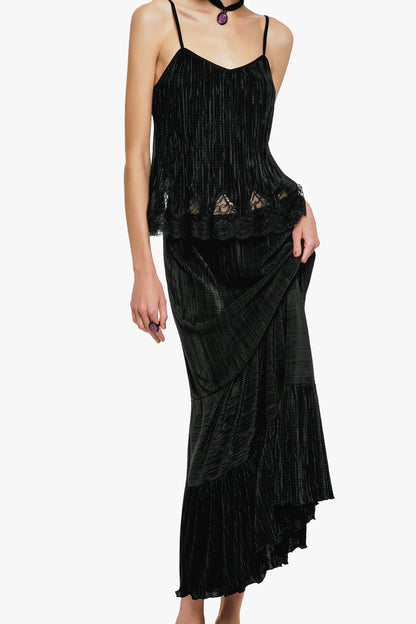 Plissé Tiered Maxi Skirt - Black | Anna Sui