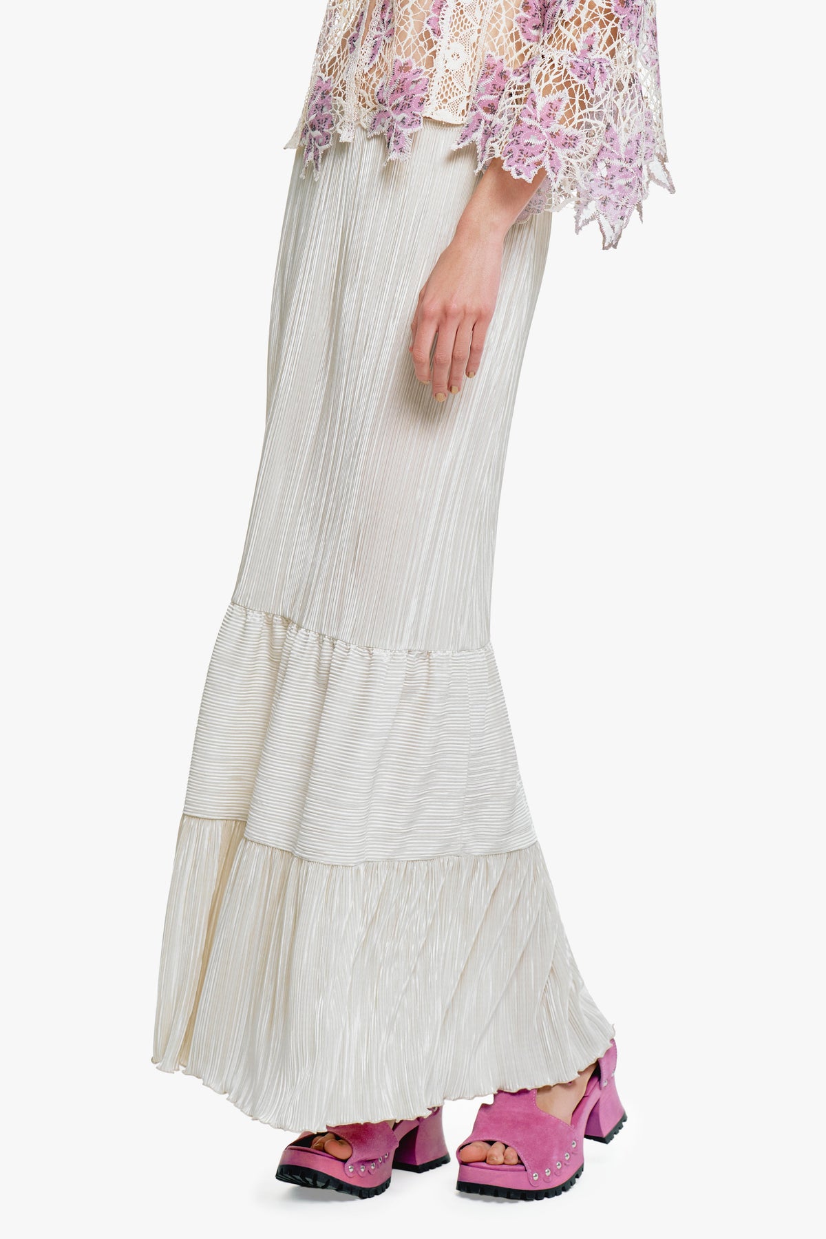 Plissé Tiered Maxi Skirt - Cream | Anna Sui