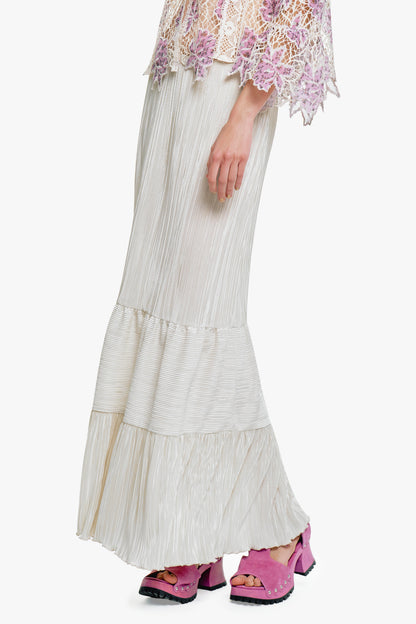 Plissé Tiered Maxi Skirt - Cream | Anna Sui