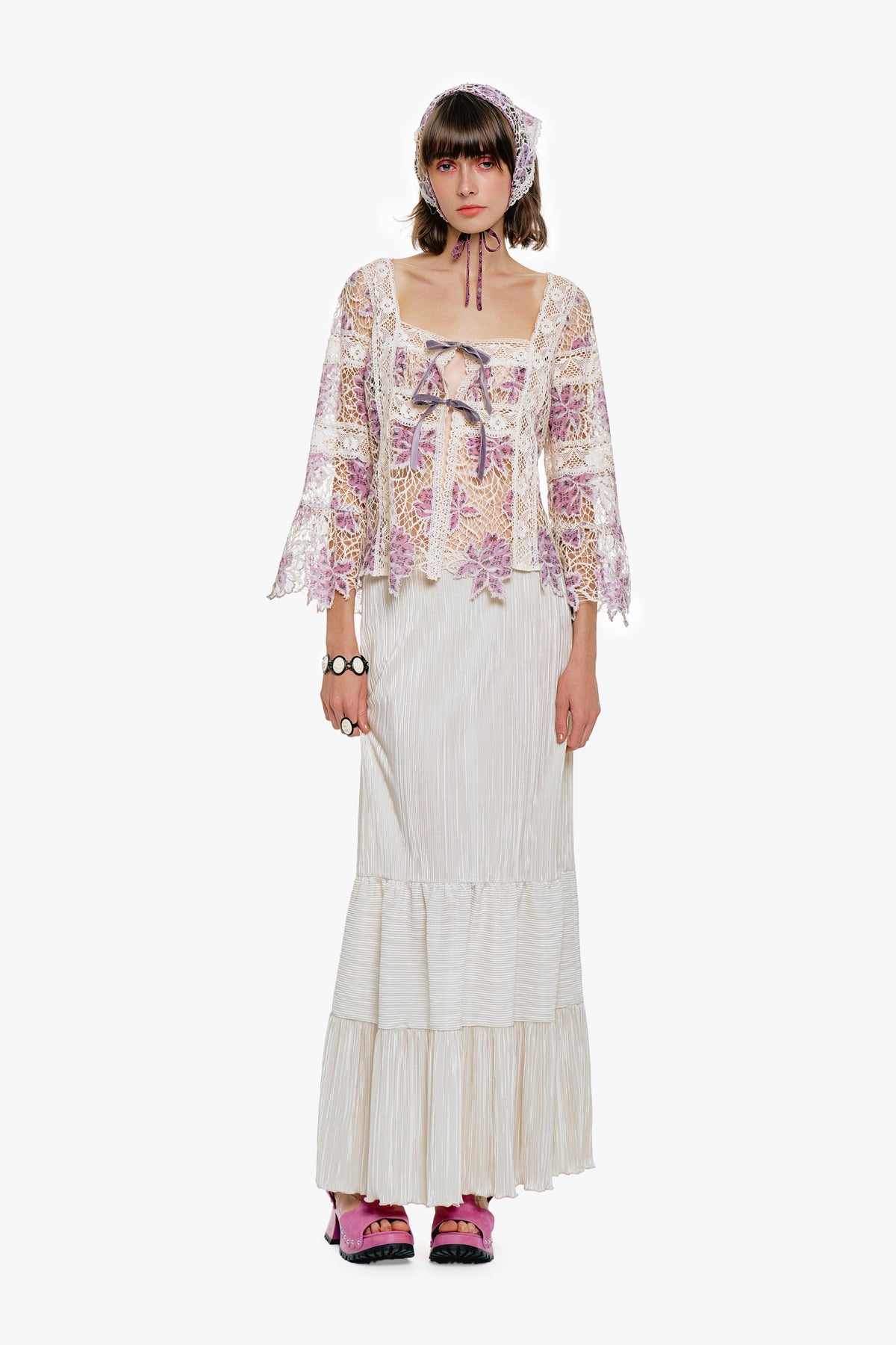 Plissé Tiered Maxi Skirt - Cream | Anna Sui