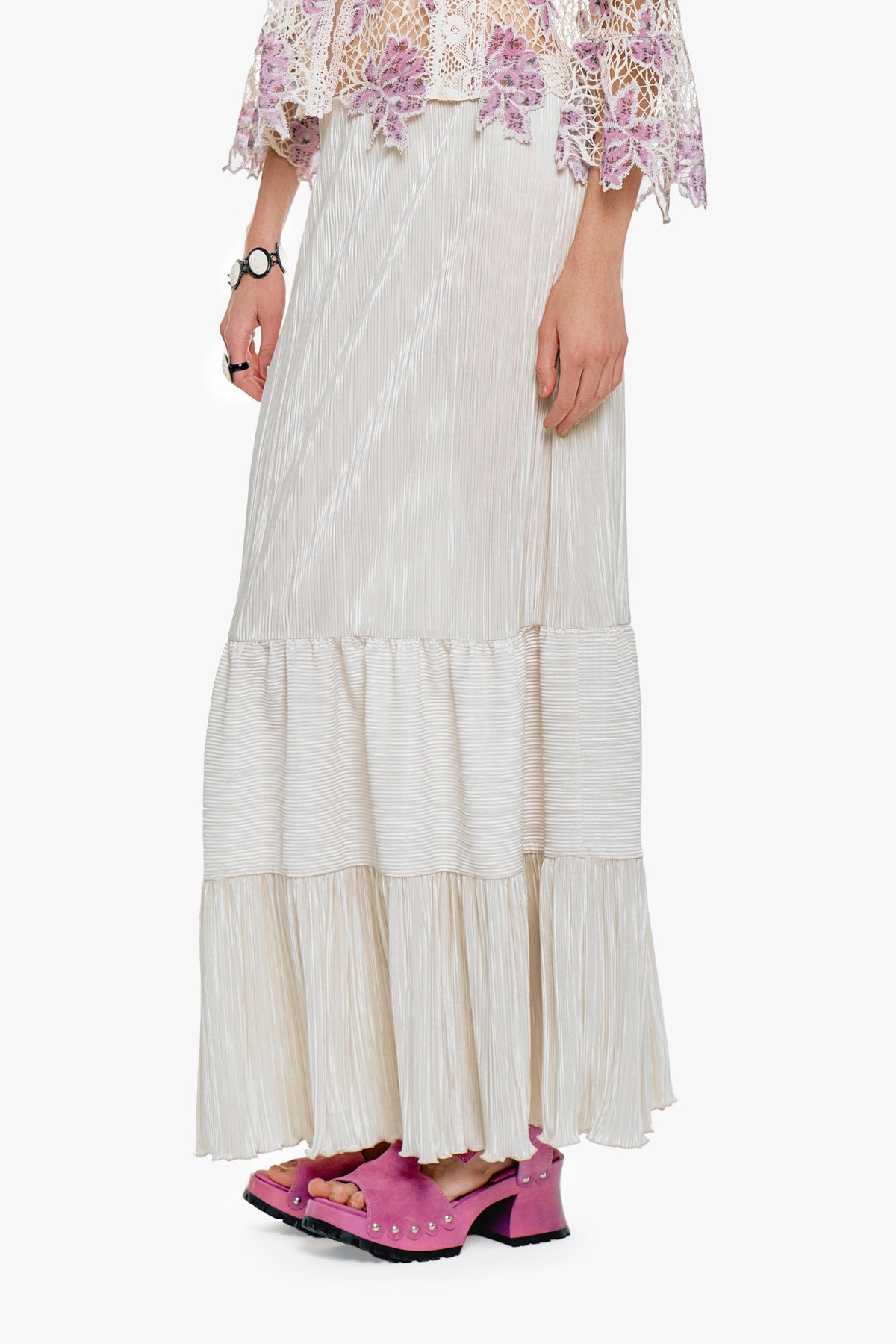 Plissé Tiered Maxi Skirt - Cream | Anna Sui