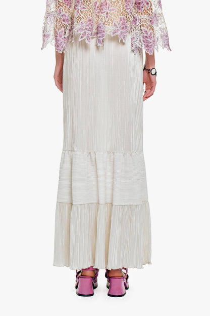 Plissé Tiered Maxi Skirt - Cream | Anna Sui