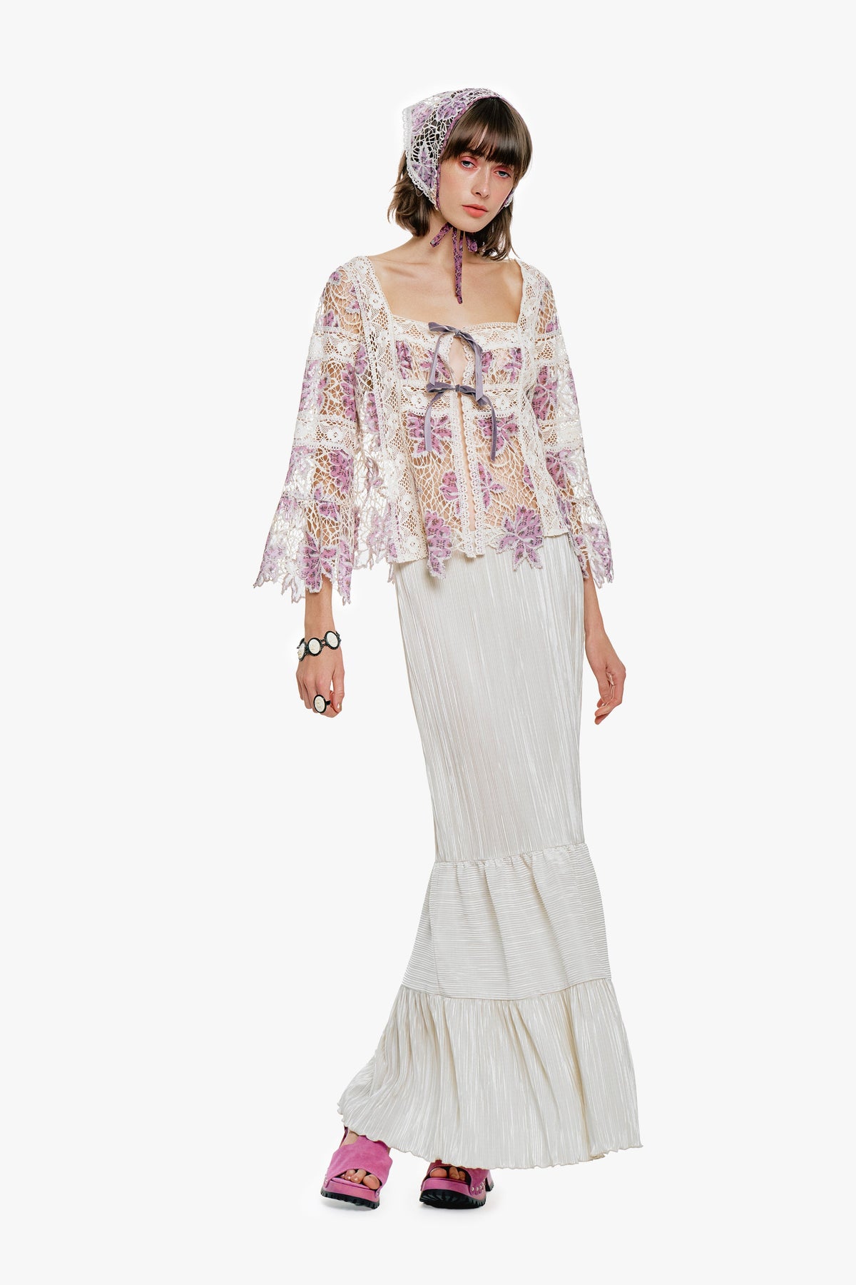 Plissé Tiered Maxi Skirt - Cream | Anna Sui