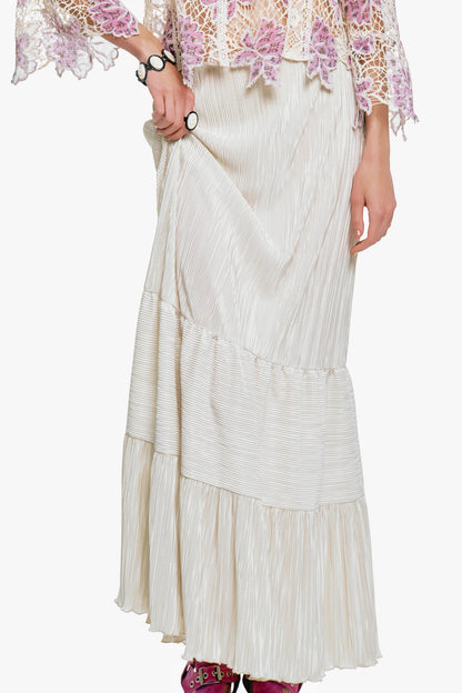 Plissé Tiered Maxi Skirt - Cream | Anna Sui