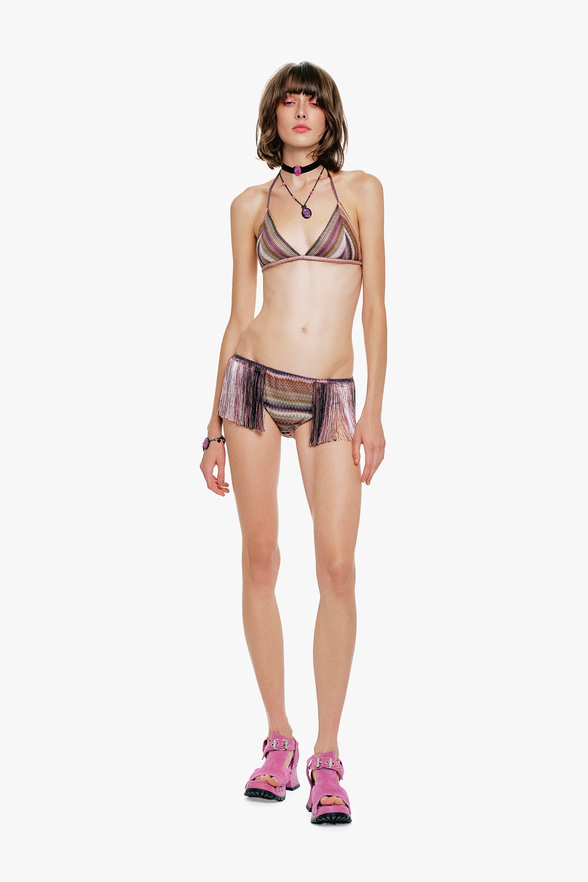 Wavy Chevron Knit Fringe Stripe Bikini Set | Anna Sui