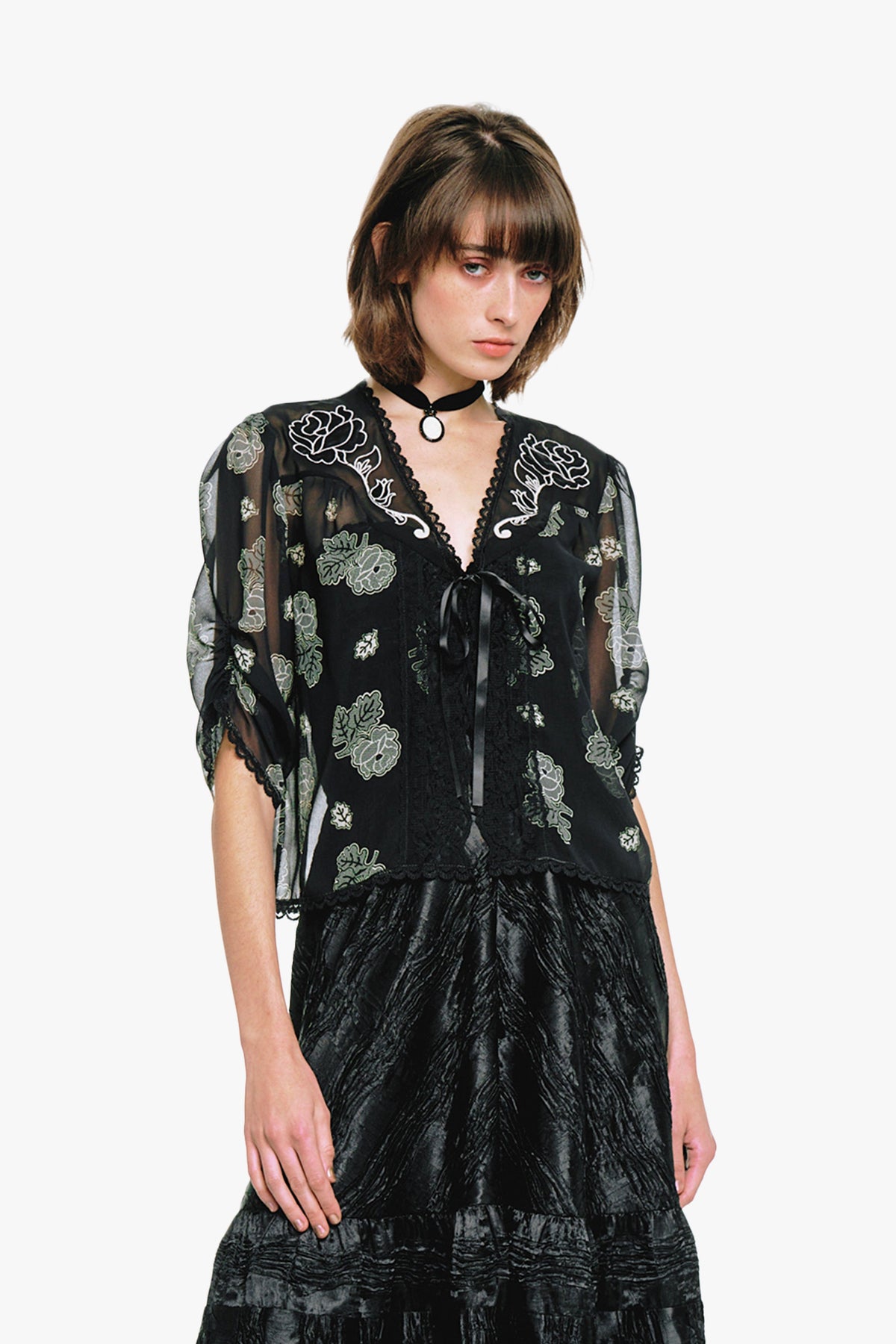 Lily and Roses Chiffon Combo Embroidered Bed Jacket | Anna Sui