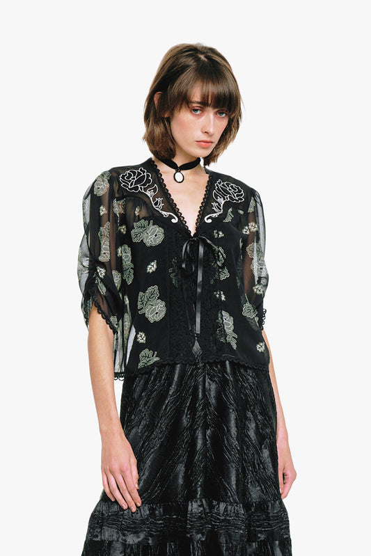 Lily and Roses Chiffon Combo Embroidered Bed Jacket | Anna Sui