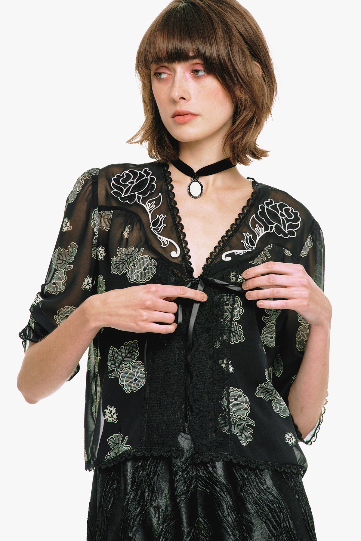 Lily and Roses Chiffon Combo Embroidered Bed Jacket | Anna Sui