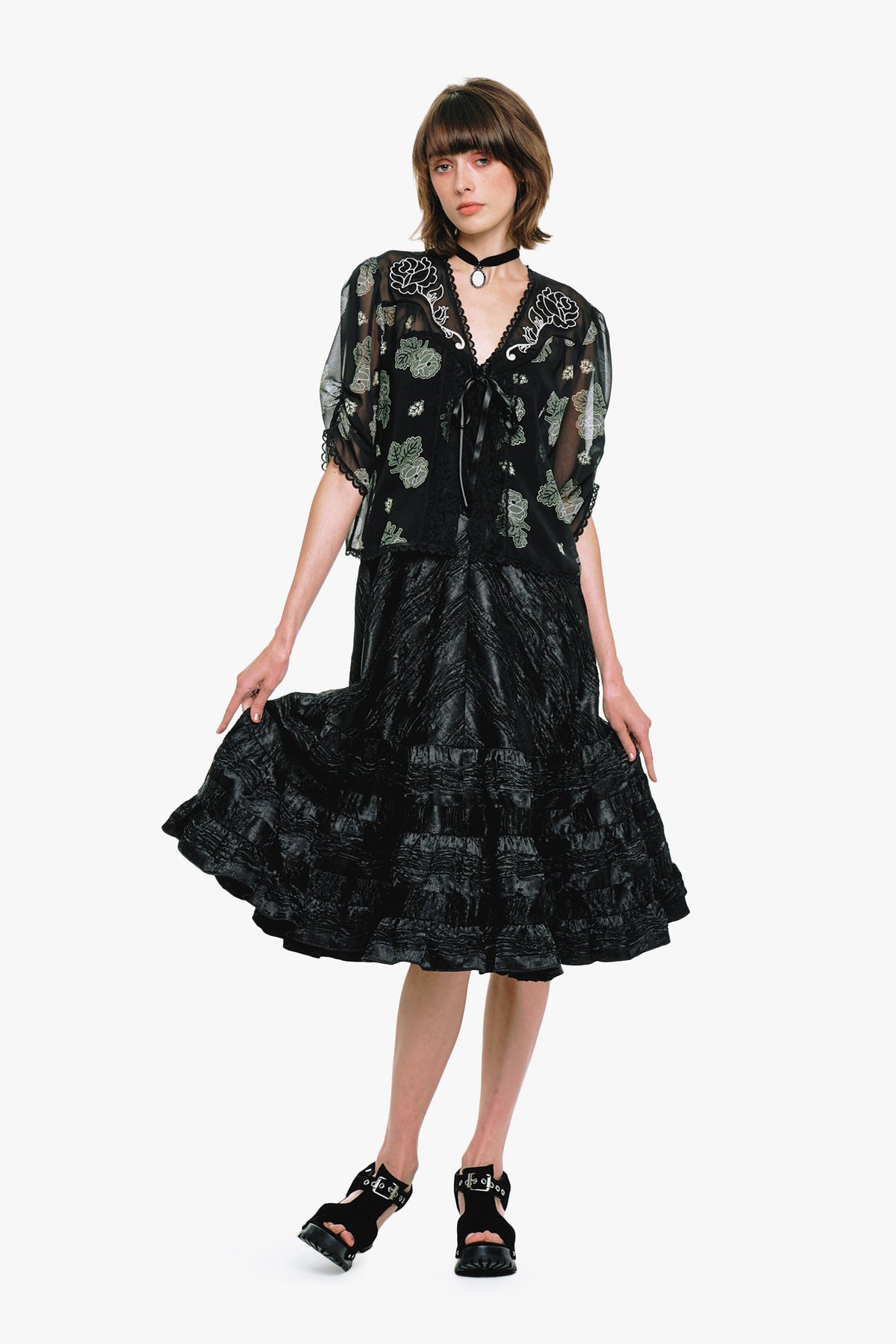 Lily and Roses Chiffon Combo Embroidered Bed Jacket | Anna Sui