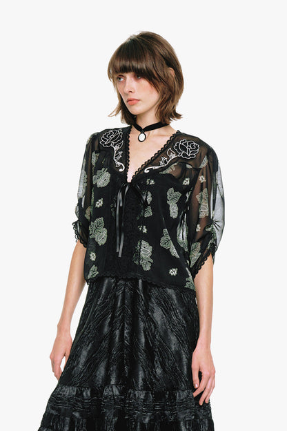 Lily and Roses Chiffon Combo Embroidered Bed Jacket | Anna Sui