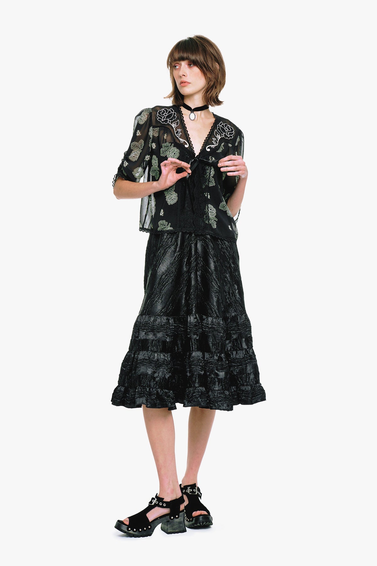 Lily and Roses Chiffon Combo Embroidered Bed Jacket | Anna Sui