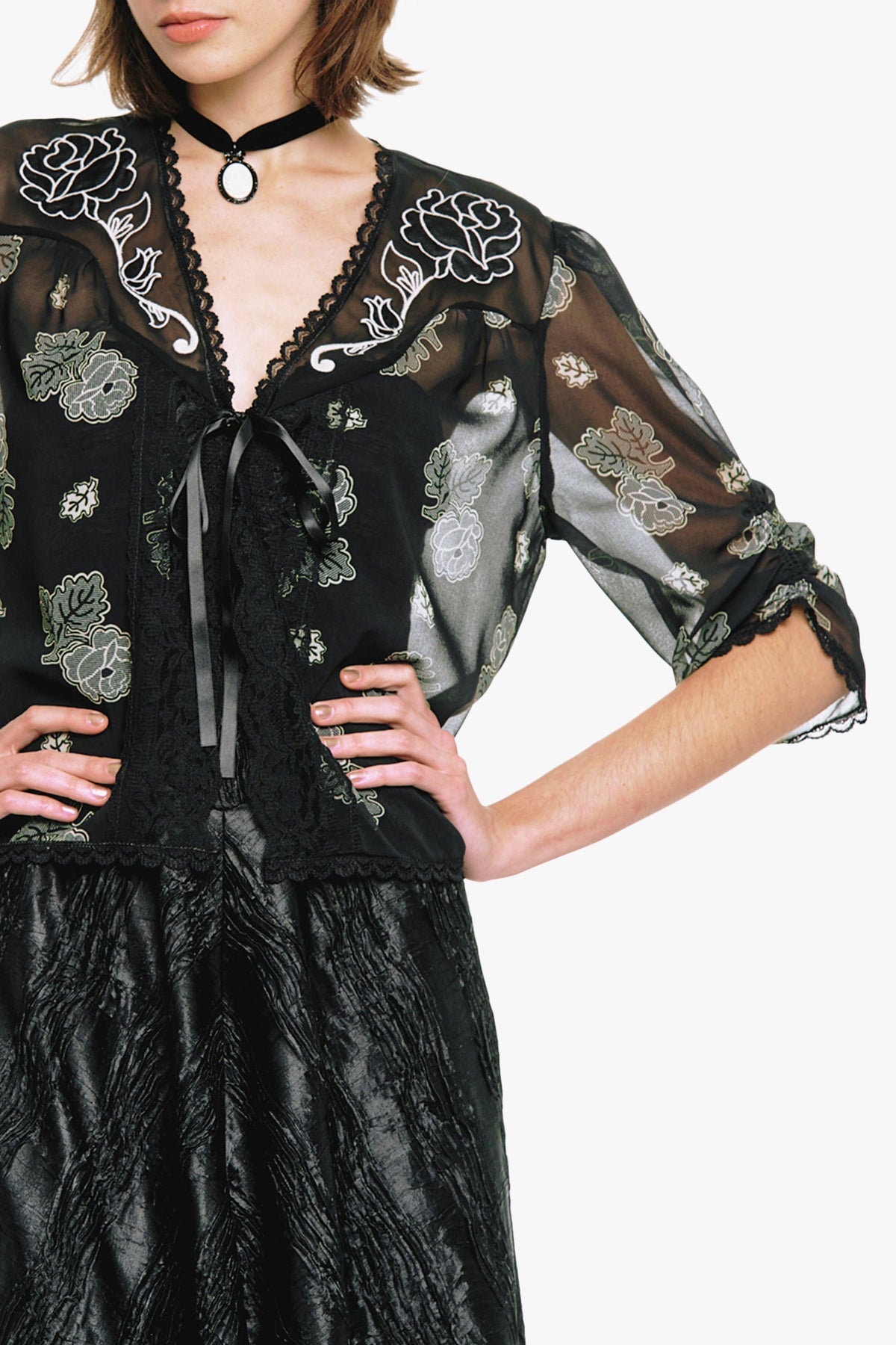 Lily and Roses Chiffon Combo Embroidered Bed Jacket | Anna Sui