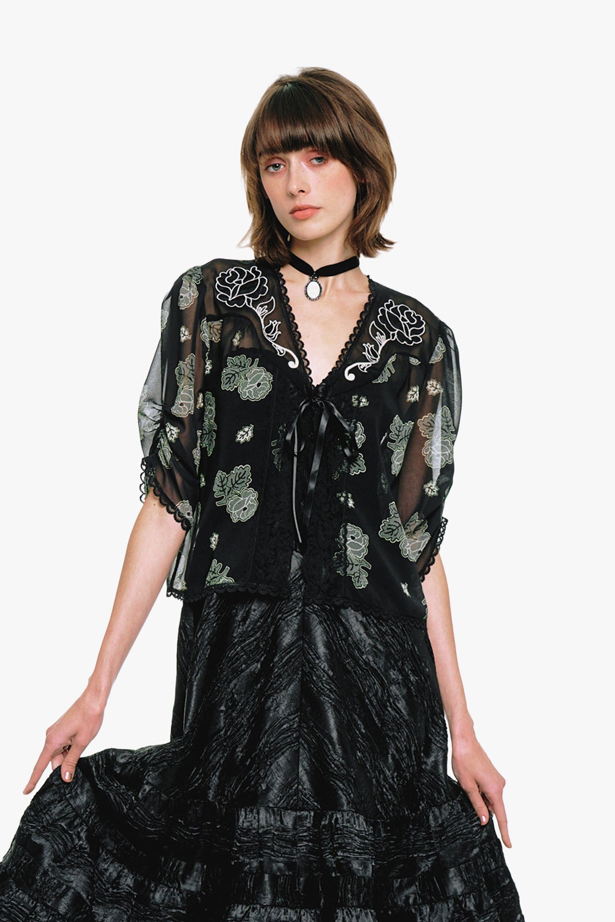 Lily and Roses Chiffon Combo Embroidered Bed Jacket | Anna Sui