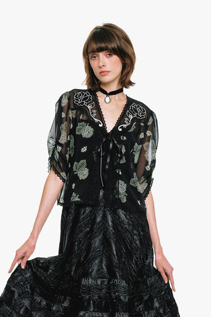 Lily and Roses Chiffon Combo Embroidered Bed Jacket | Anna Sui