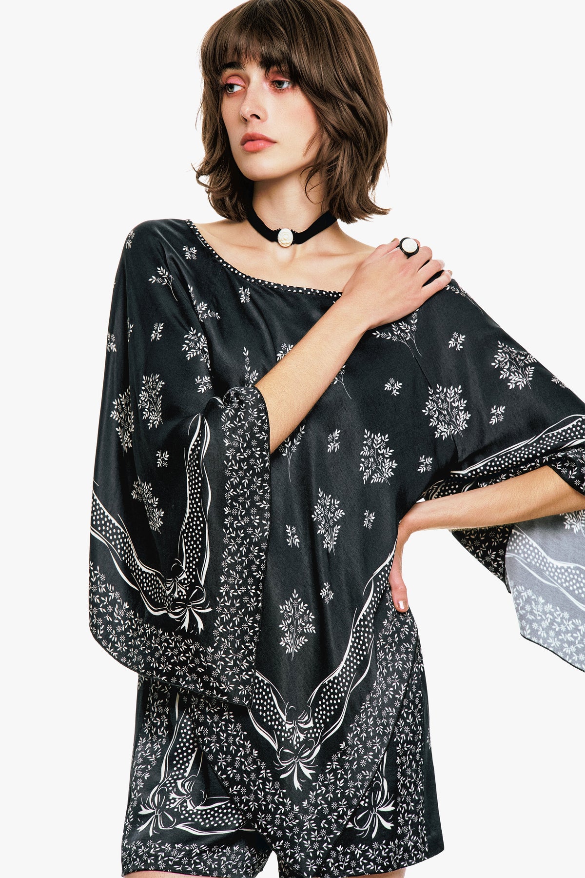 Ribbon Handkerchief Satin Print Poncho | Anna Sui