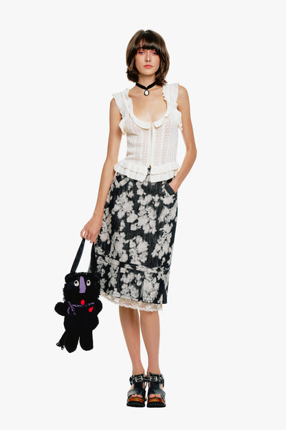 Rose Illusion Denim Lace Trimmed Skirt | Anna Sui