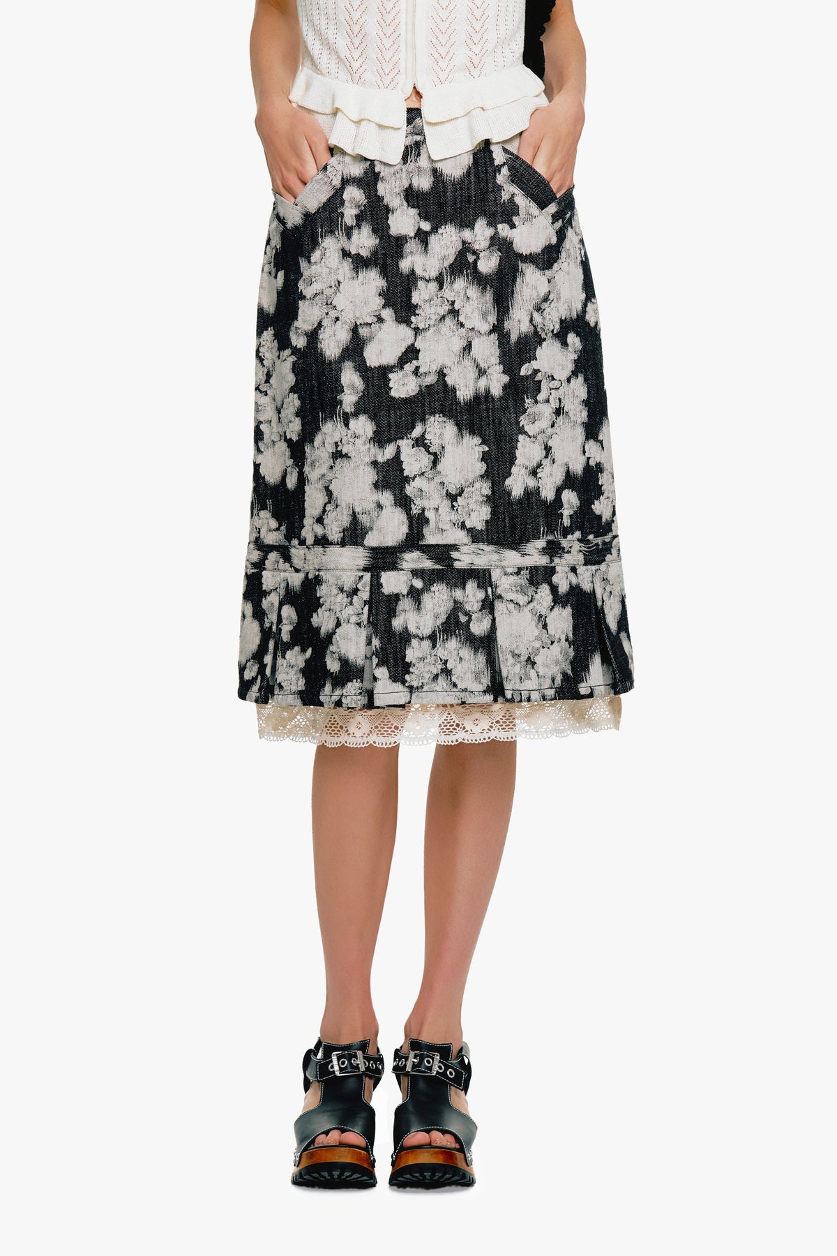 Rose Illusion Denim Lace Trimmed Skirt | Anna Sui