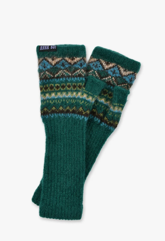 Anna Sui Fair Isle Fingerless Gloves- Green | Anna Sui