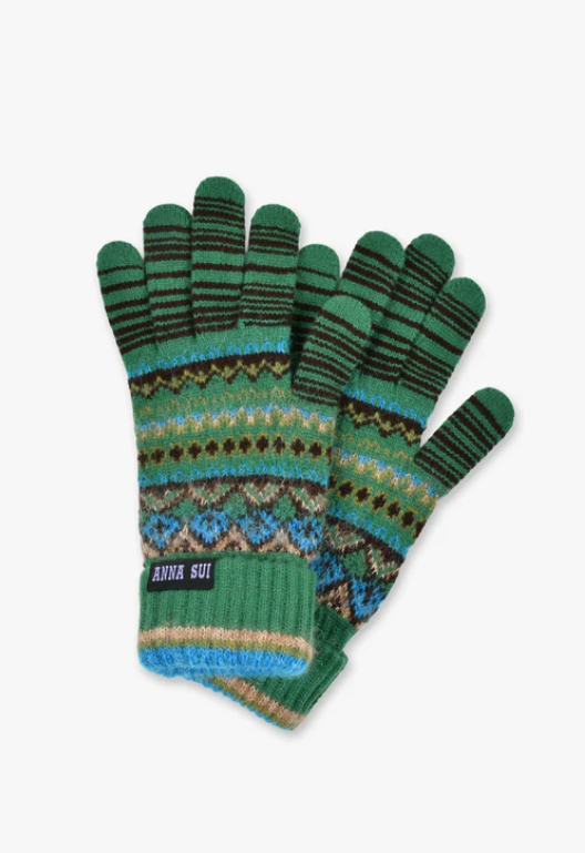 Anna Sui Fair Isle Gloves- Green | Anna Sui