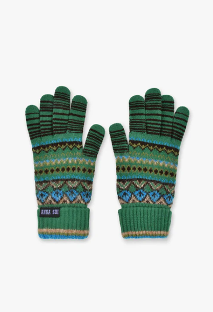 Anna Sui Fair Isle Gloves- Green | Anna Sui