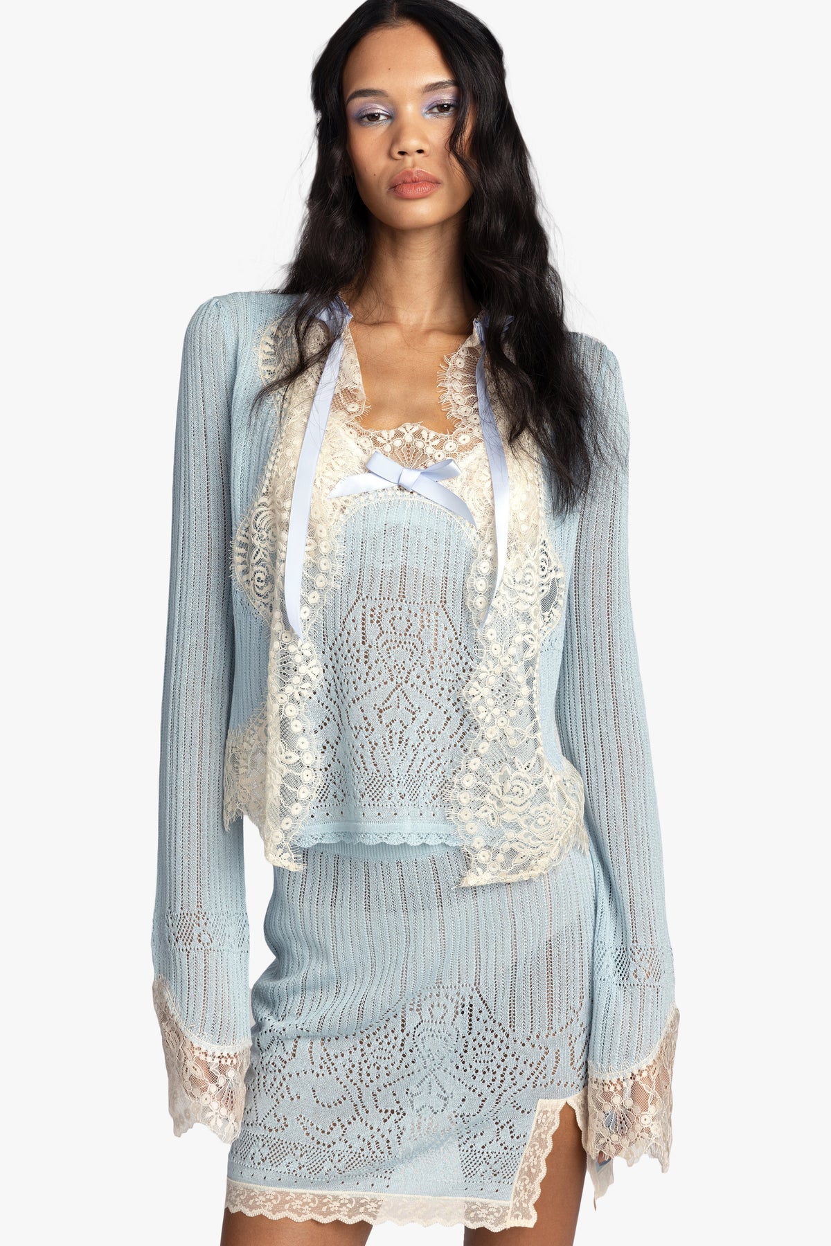 Lingerie Lace Knit Cardigan - Sky Blue | Anna Sui