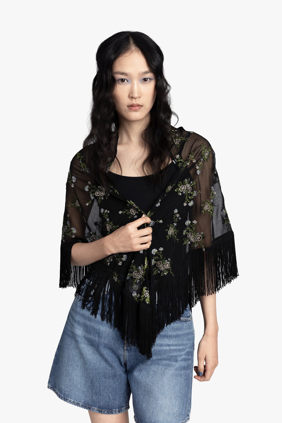 Bluebell Embroidered Chiffon Fringe Shawl | Anna Sui