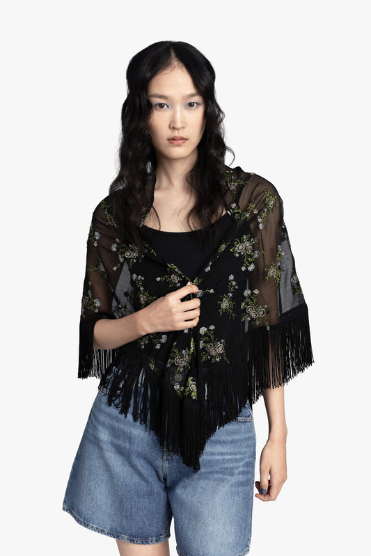Bluebell Embroidered Chiffon Fringe Shawl | Anna Sui