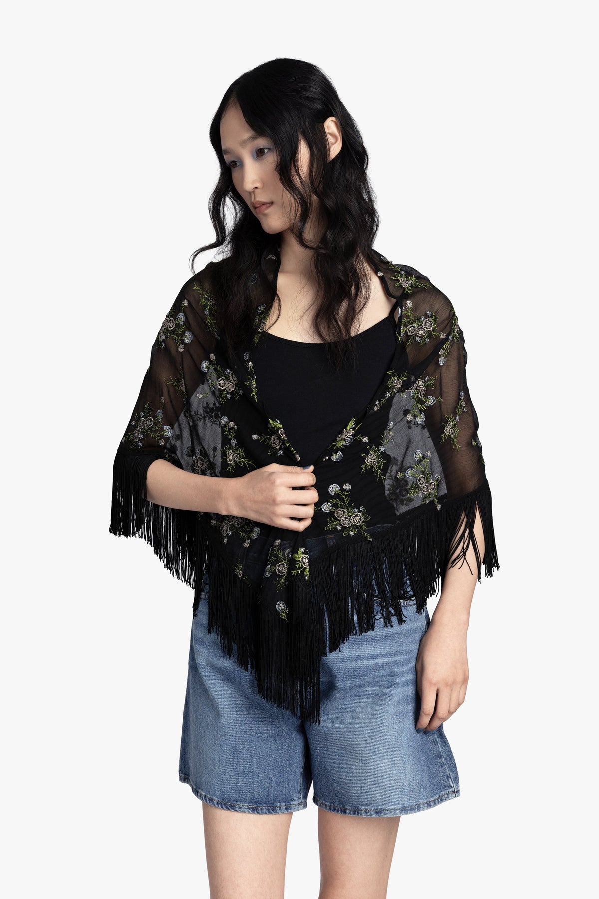 Bluebell Embroidered Chiffon Fringe Shawl | Anna Sui