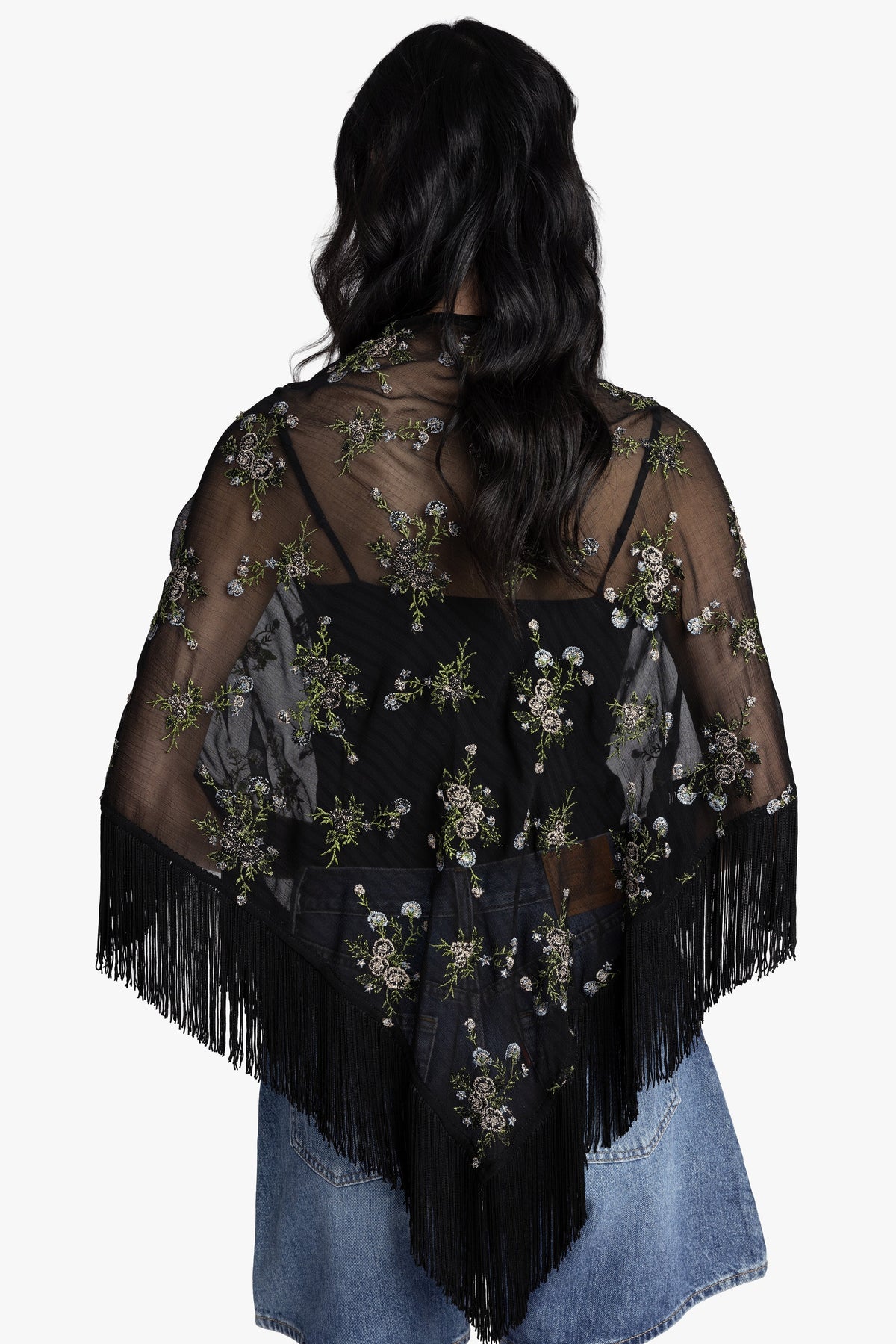 Bluebell Embroidered Chiffon Fringe Shawl | Anna Sui