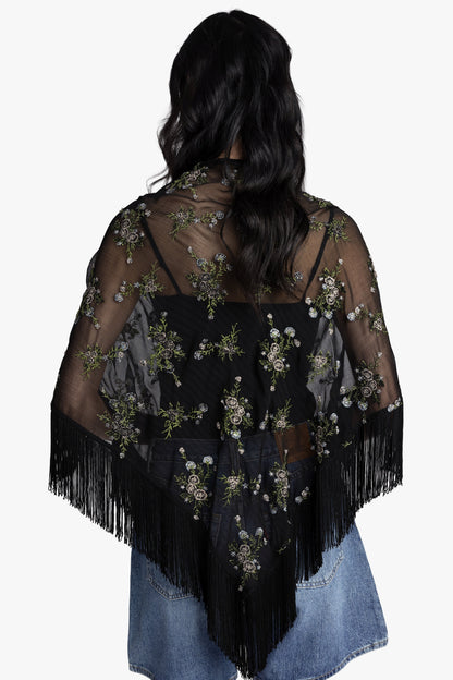 Bluebell Embroidered Chiffon Fringe Shawl | Anna Sui