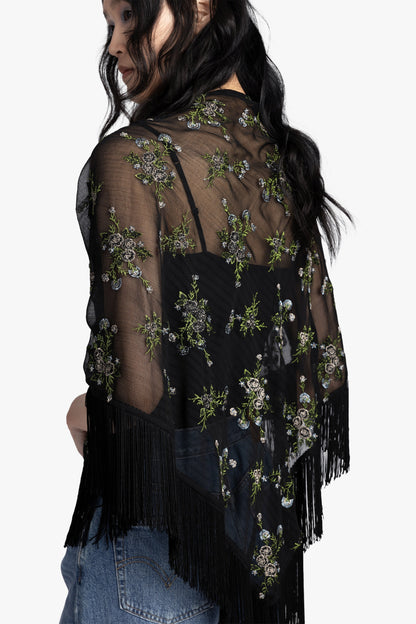 Bluebell Embroidered Chiffon Fringe Shawl | Anna Sui