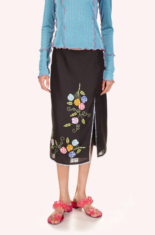 3-D Pansy Embroidered on Linen Skirt | Anna Sui