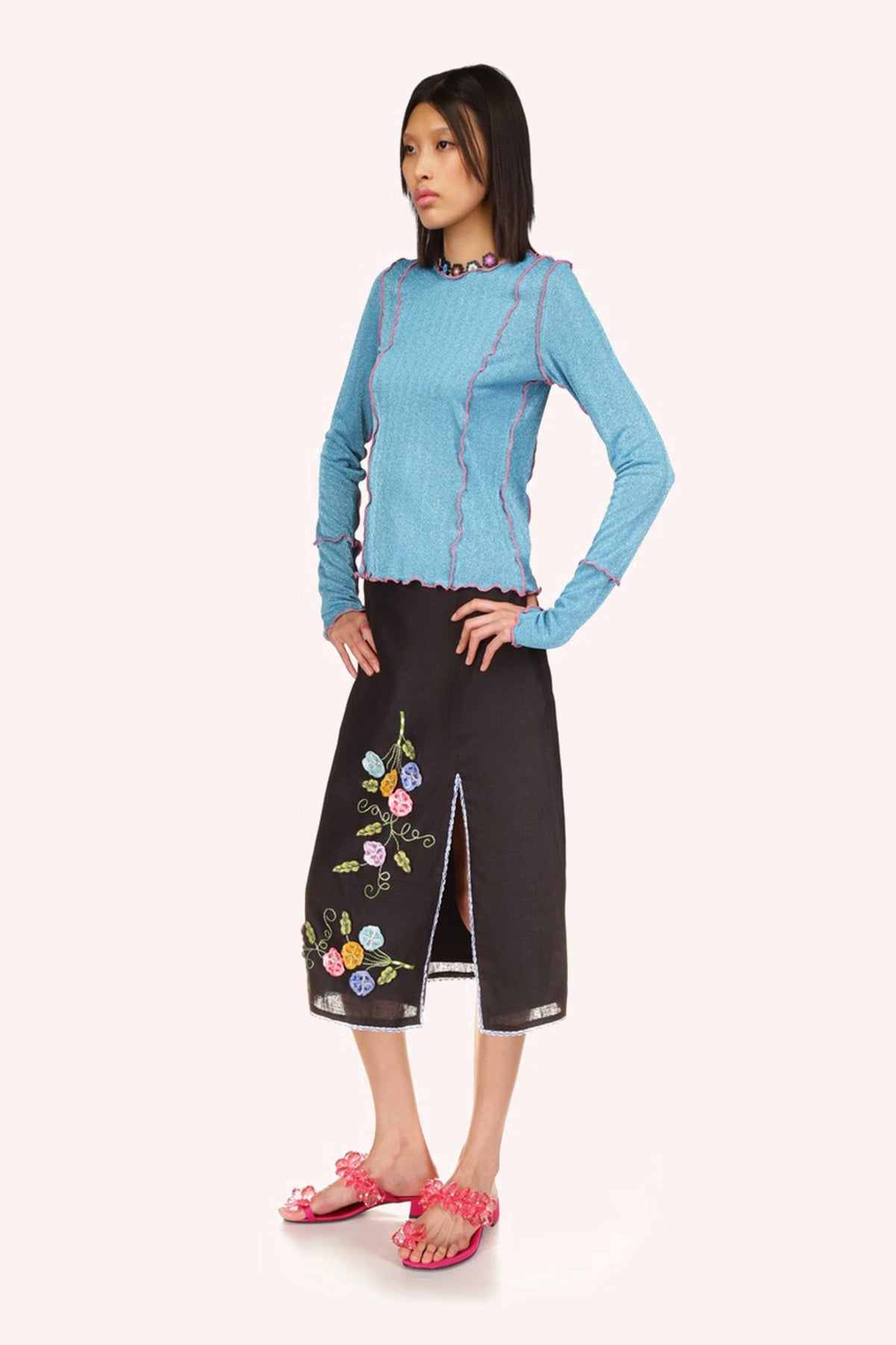 3-D Pansy Embroidered on Linen Skirt | Anna Sui