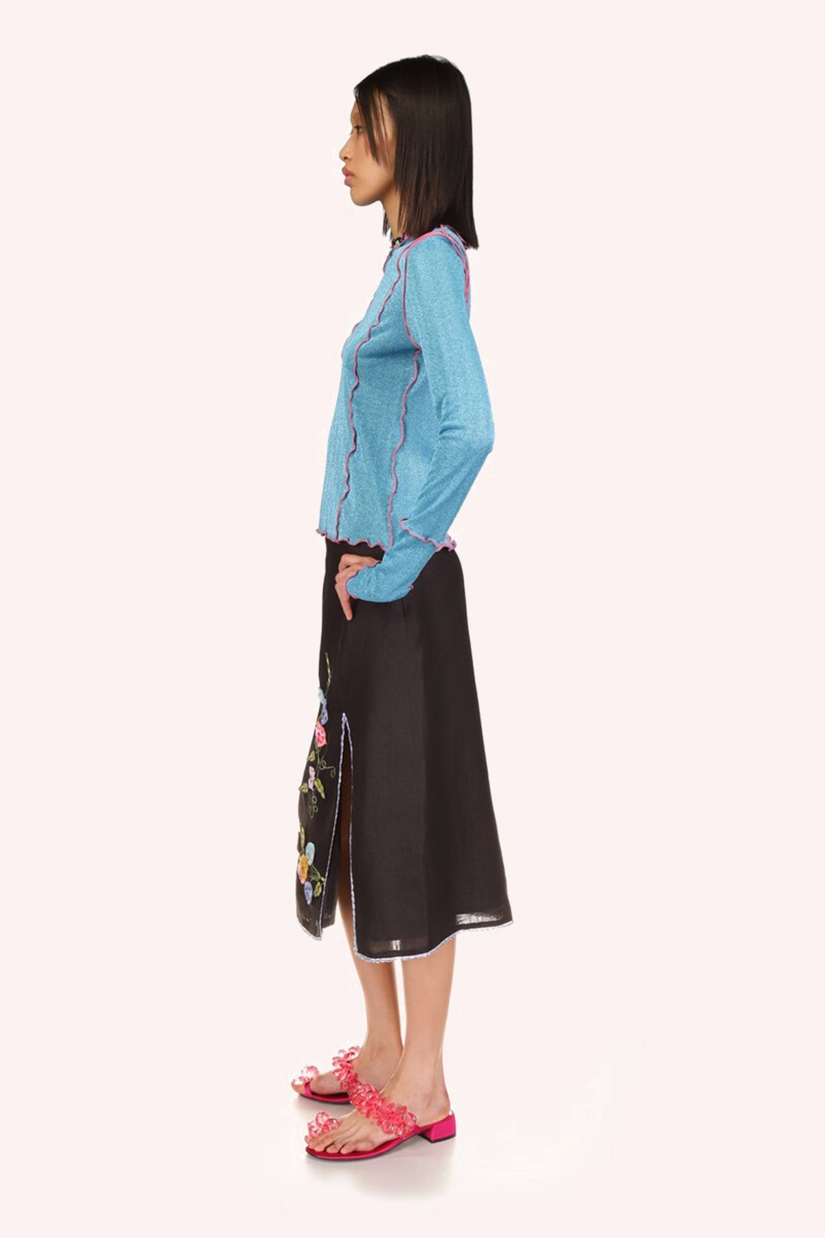 3-D Pansy Embroidered on Linen Skirt | Anna Sui