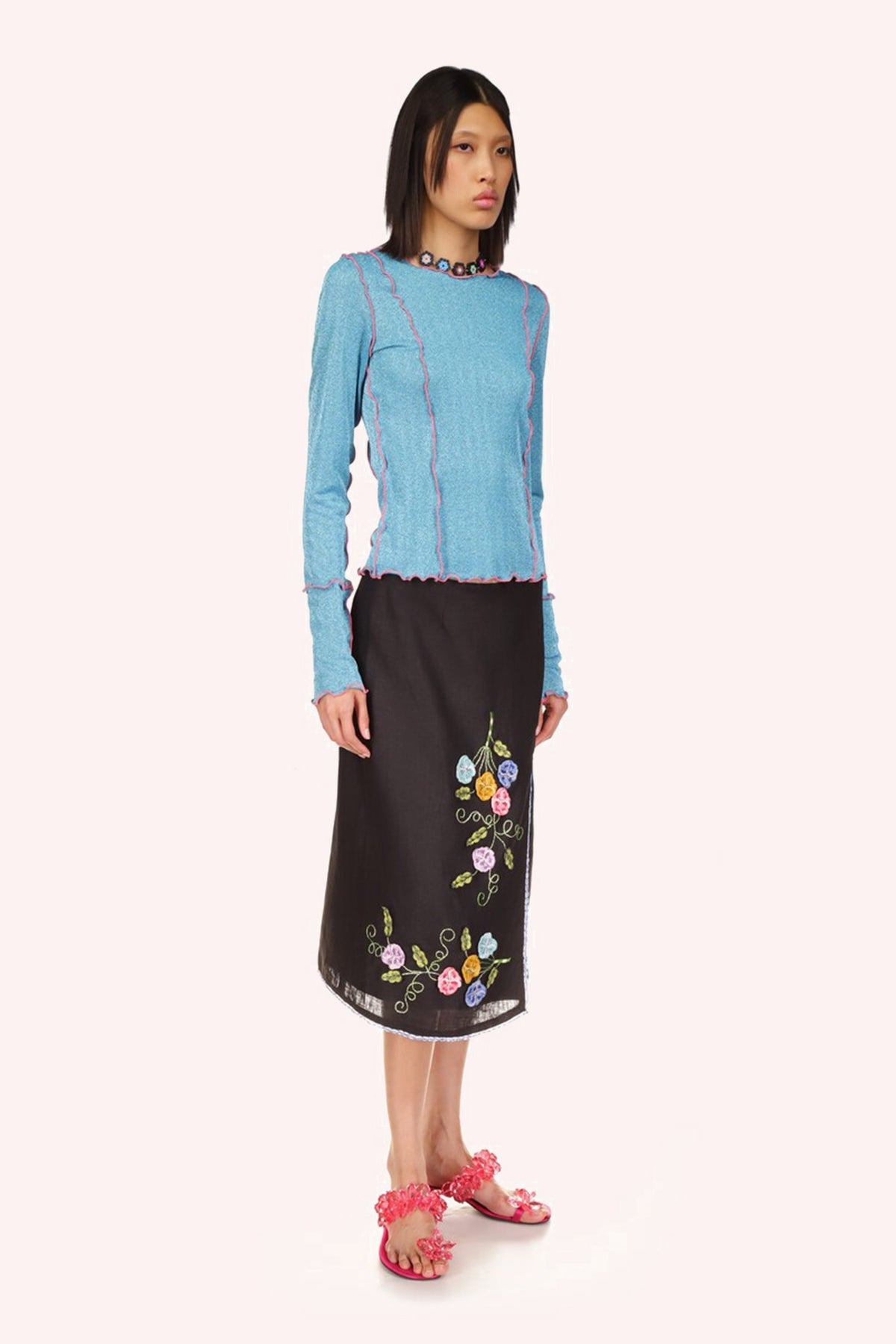 3-D Pansy Embroidered on Linen Skirt | Anna Sui