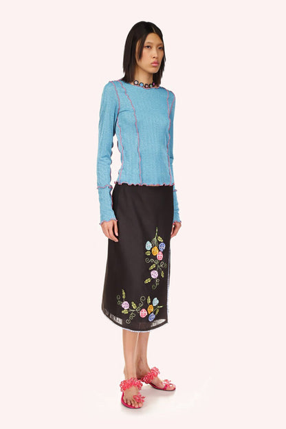 3-D Pansy Embroidered on Linen Skirt | Anna Sui