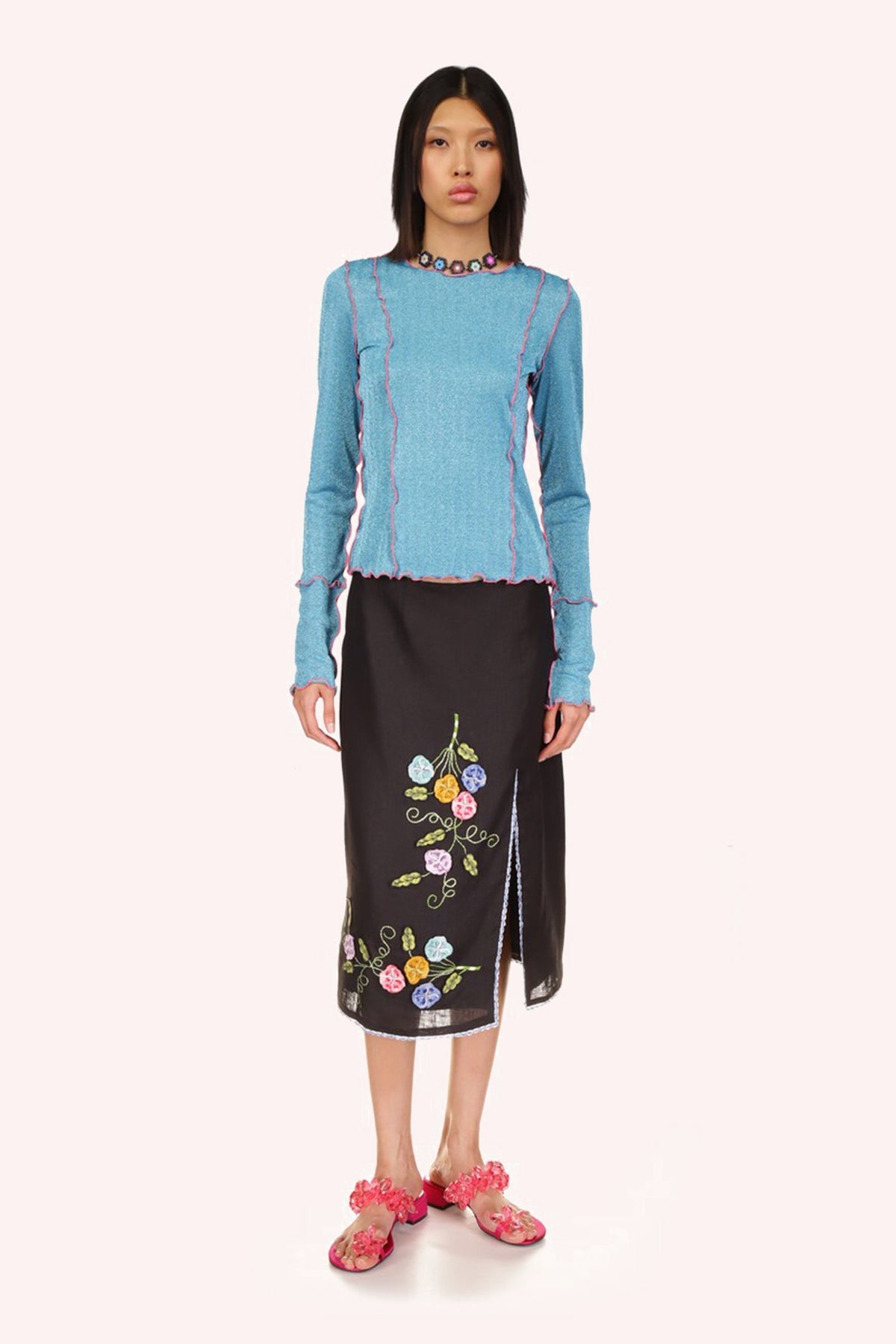 3-D Pansy Embroidered on Linen Skirt | Anna Sui