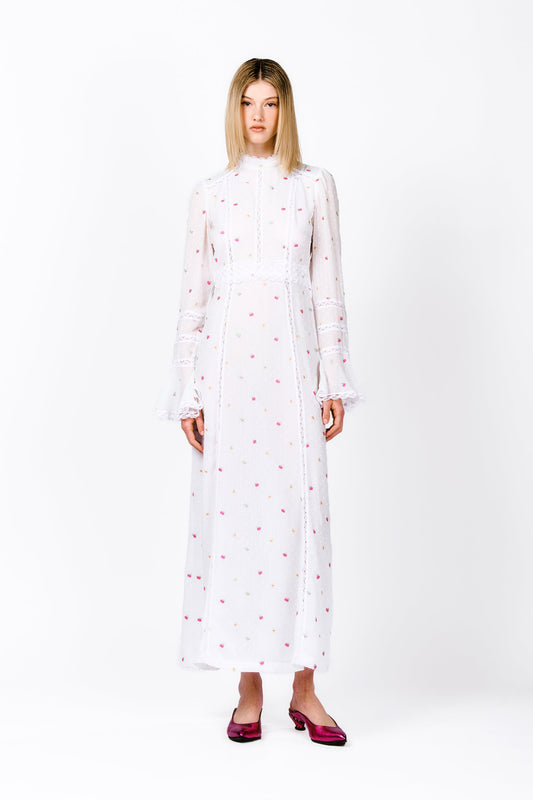 Cluny Lace Trimmed Floral Swiss Dot Maxi Dress | Anna Sui