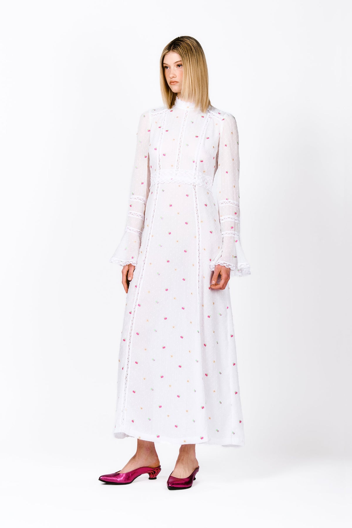 Cluny Lace Trimmed Floral Swiss Dot Maxi Dress | Anna Sui