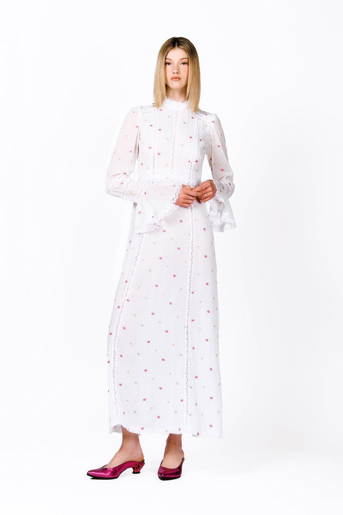 Cluny Lace Trimmed Floral Swiss Dot Maxi Dress | Anna Sui