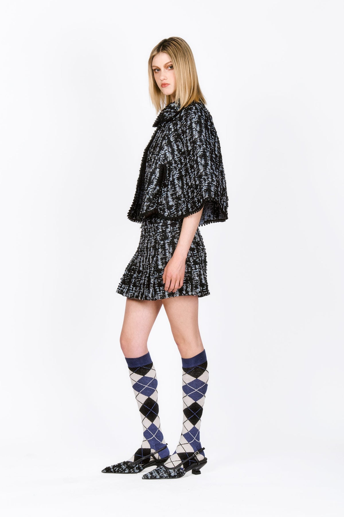 Cornflower Tweed Pleated Mini Skirt | Anna Sui