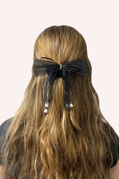 Black Mesh Bow Flower Embellished Scrunchie | Anna Sui